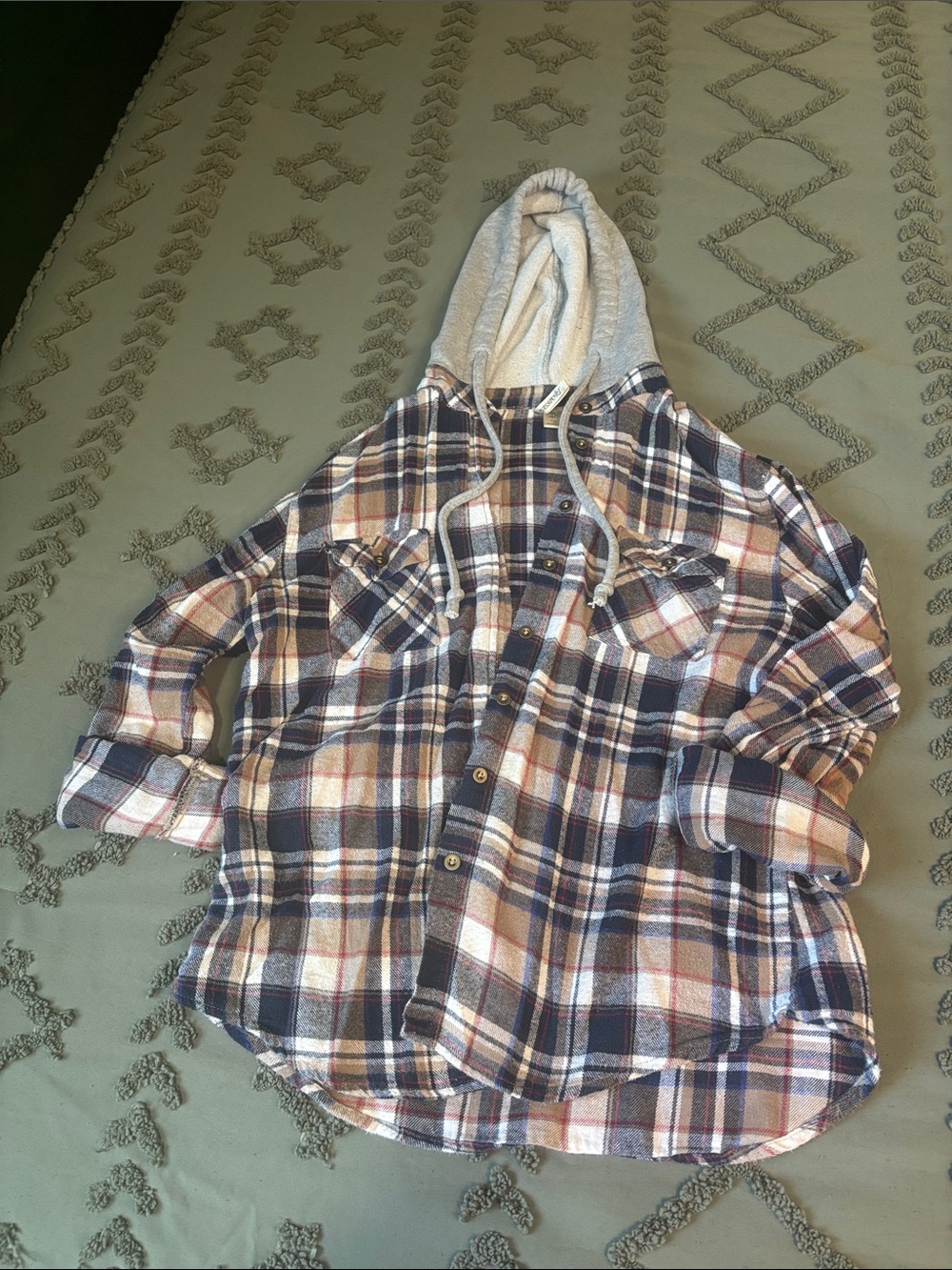 Women's Plaid Hooded Button-Down Shirt Jacket - Navy, Brown & Cream 100% cotton